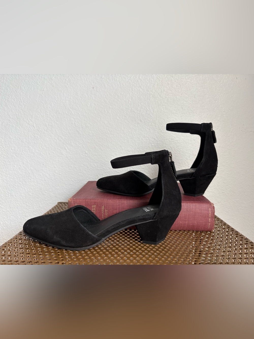Eileen Fisher Black Suede Ankle-Strap Low Block Heel